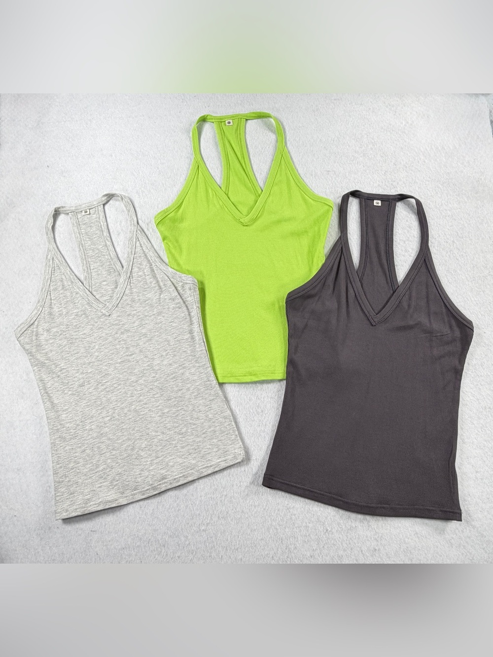 3 Pack Ribbed Racerback V-Neck Tank Tops Medium NWOT Lime, Characol and Grey